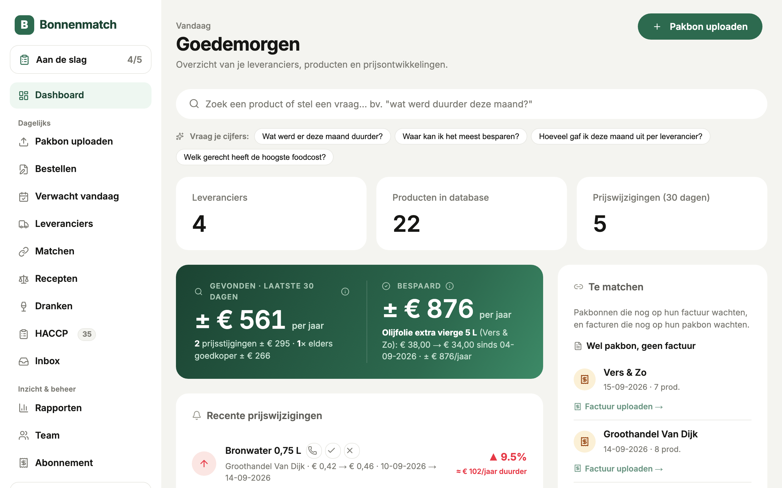 Het dashboard van Bonnenmatch: gevonden en bespaarde bedragen, recente prijswijzigingen en leveringen